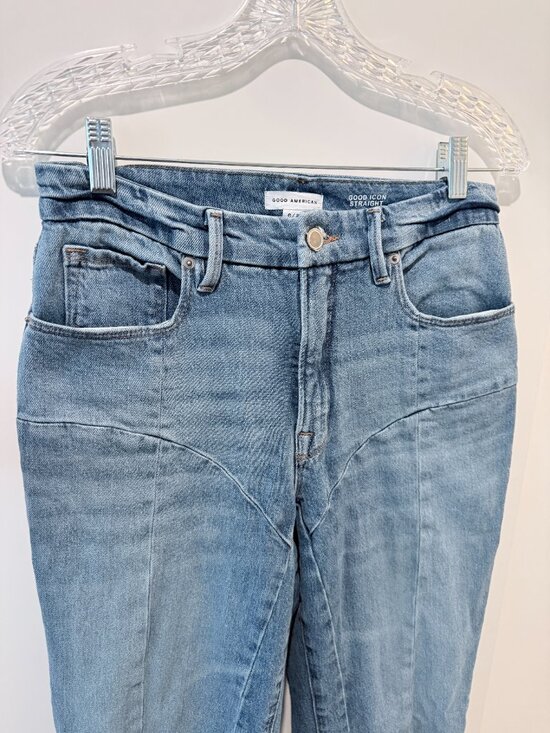 Good American Good Icon Straight Jeans Women’s 6/28 Raw Distressed Step Hem - Picture 8 of 9